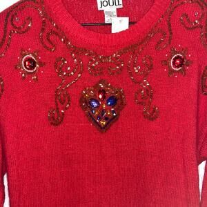 Vintage Womens Silk Angora Sweater Large Red Embellished Beaded Rhinestones